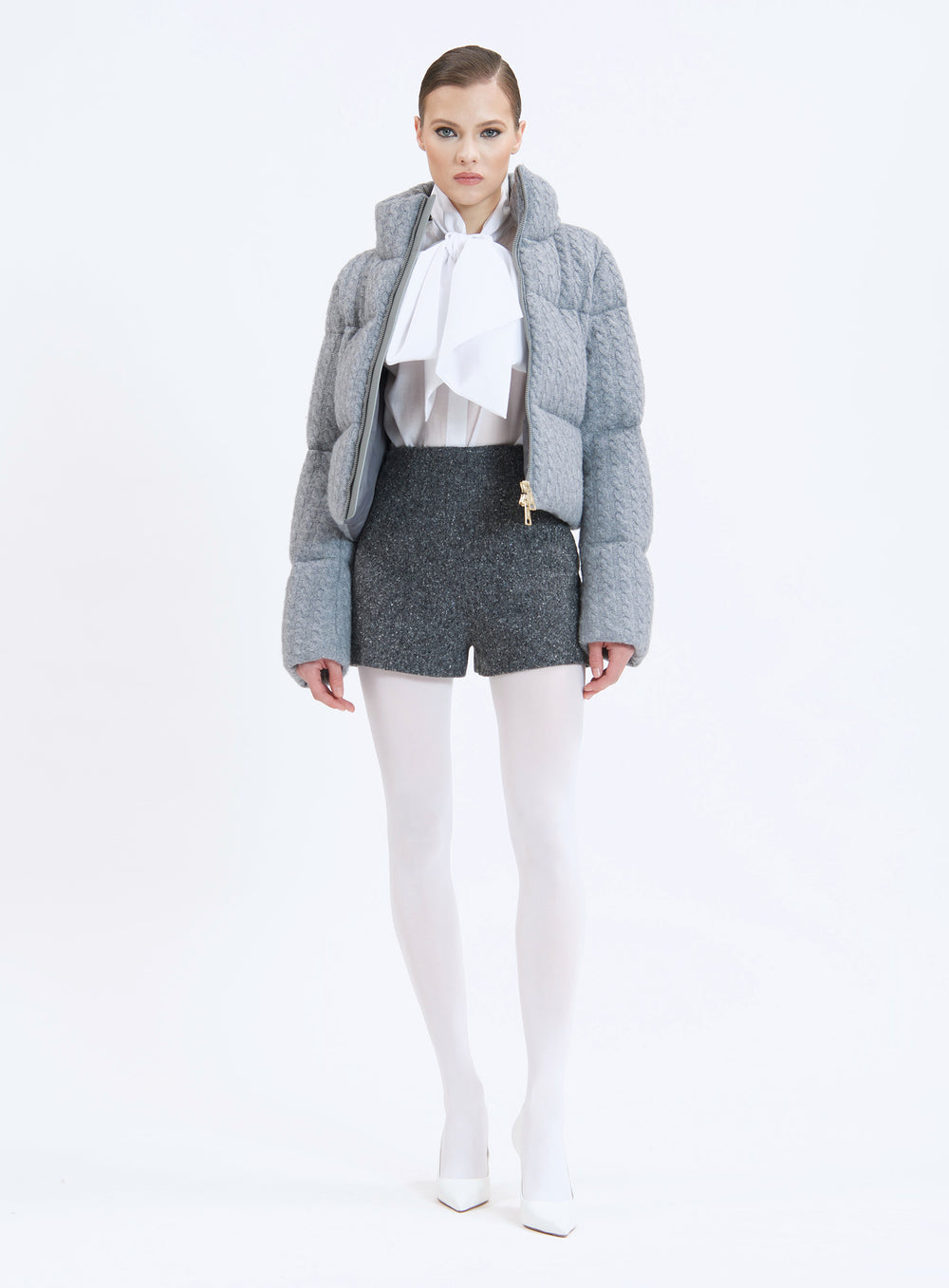 OXFORD CABLE KNIT CASHMERE | CABLE KNIT CASHMERE CROPPED PUFFER