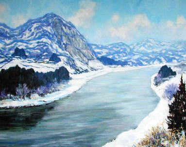 冬風景表紙1／油彩画・風景画／山形の四季風景（月山・最上川）画家