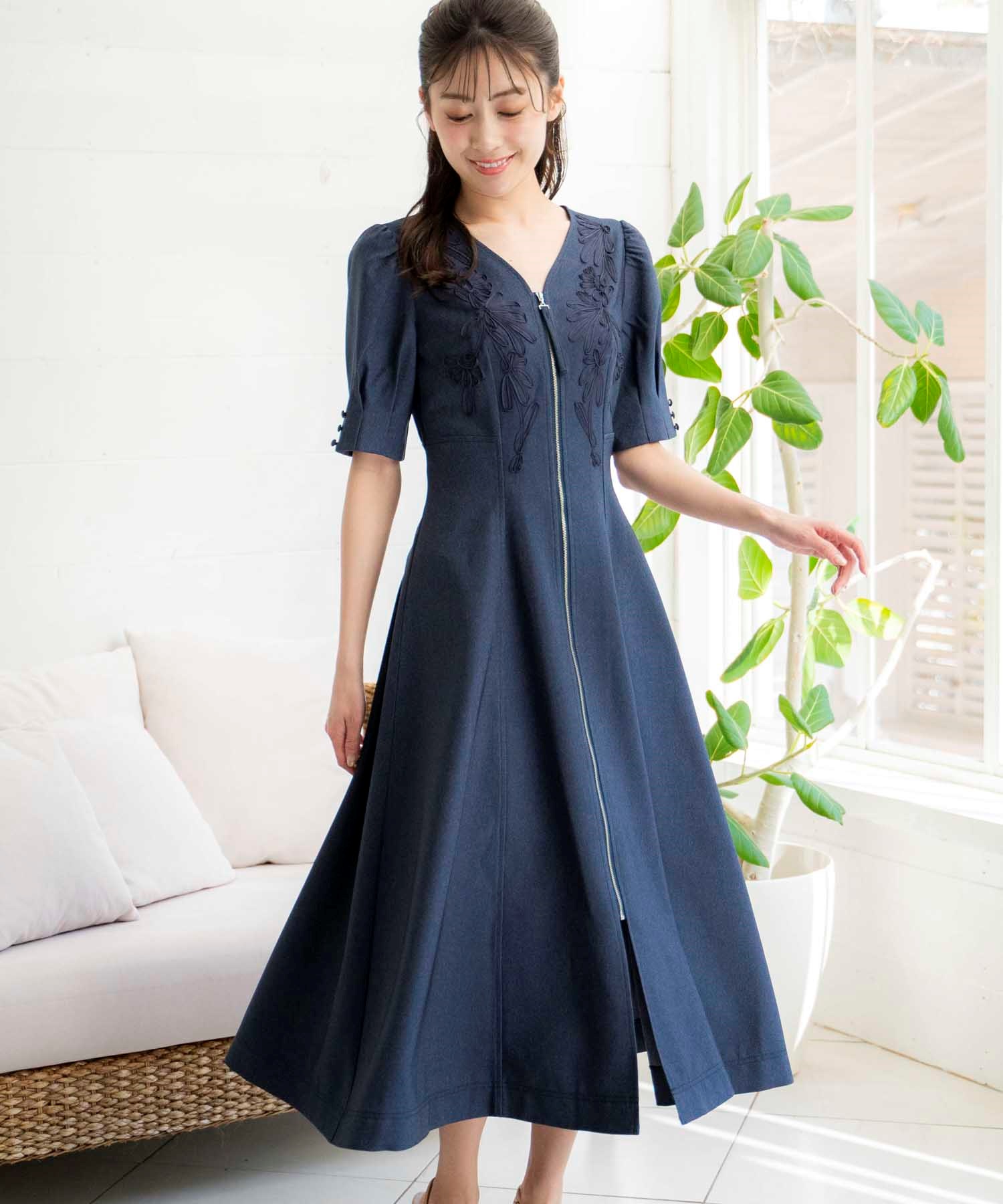 追加生産】コード刺繍半袖ジップワンピース | ロングワンピース