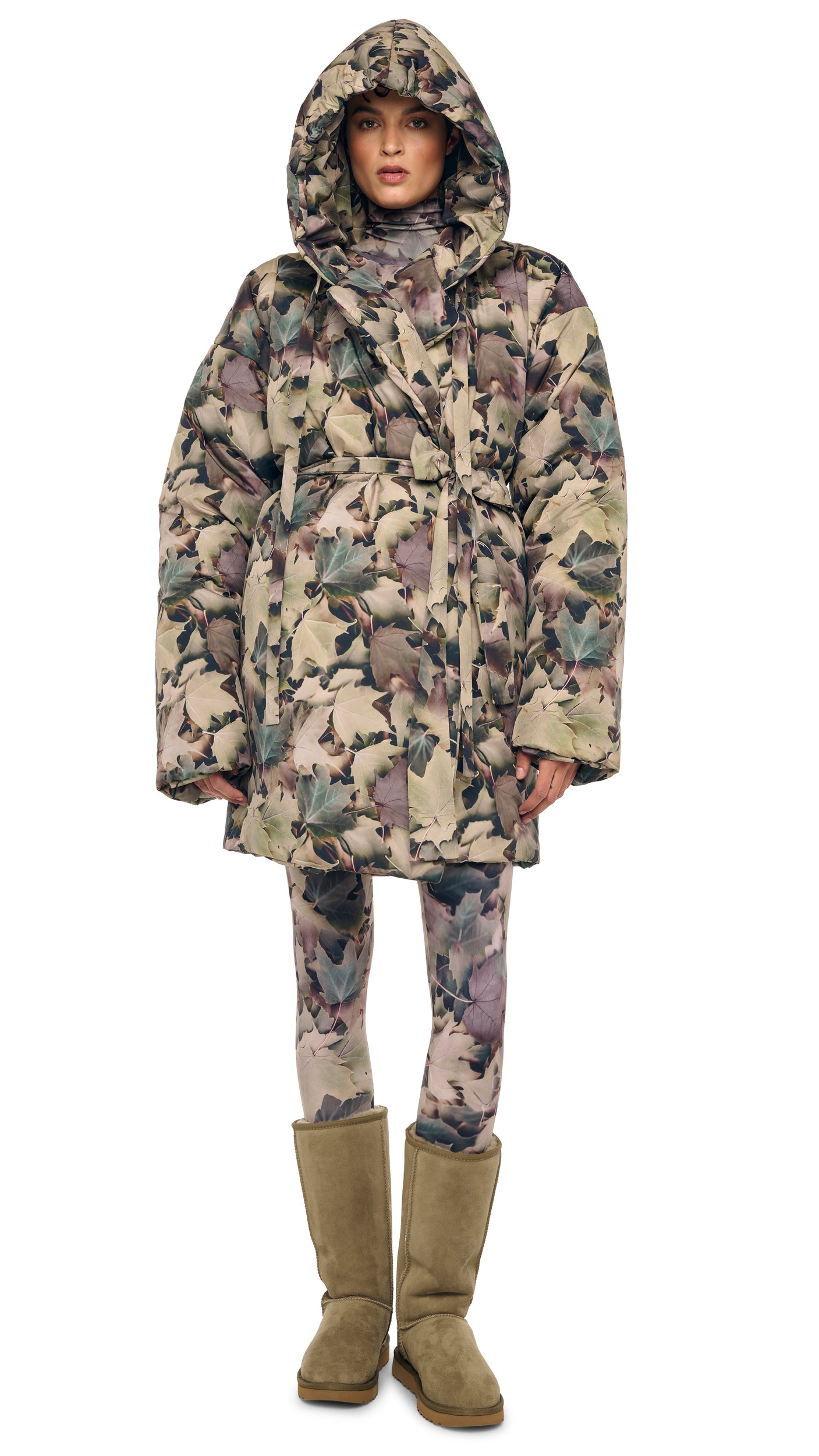 HOODED SLEEPING BAG COAT TO KNEE – Autumn Leaves – Norma Kamali