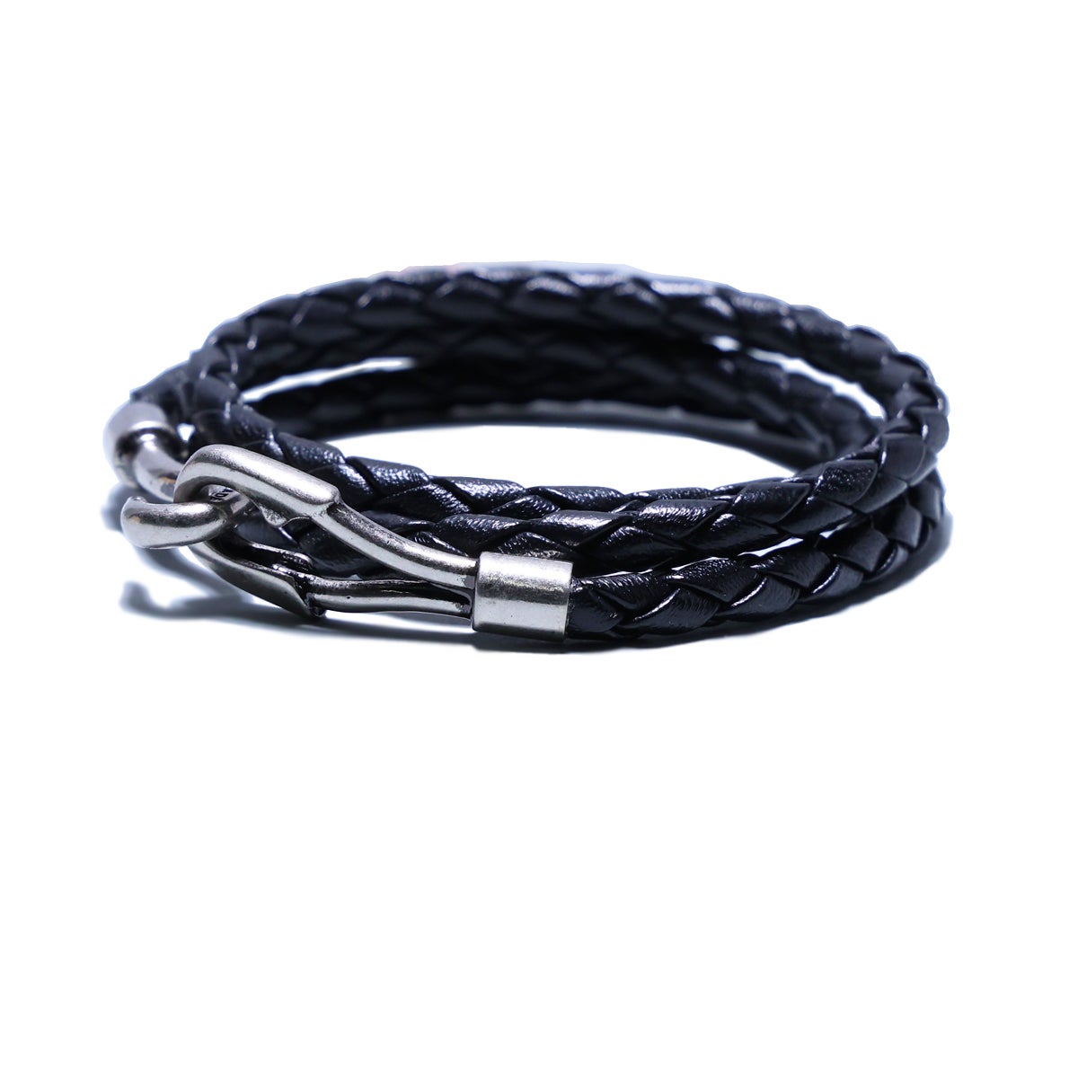 J-NS034-BK)編み込みレザーブレスレット3巻-ブラック｜アクセサリー