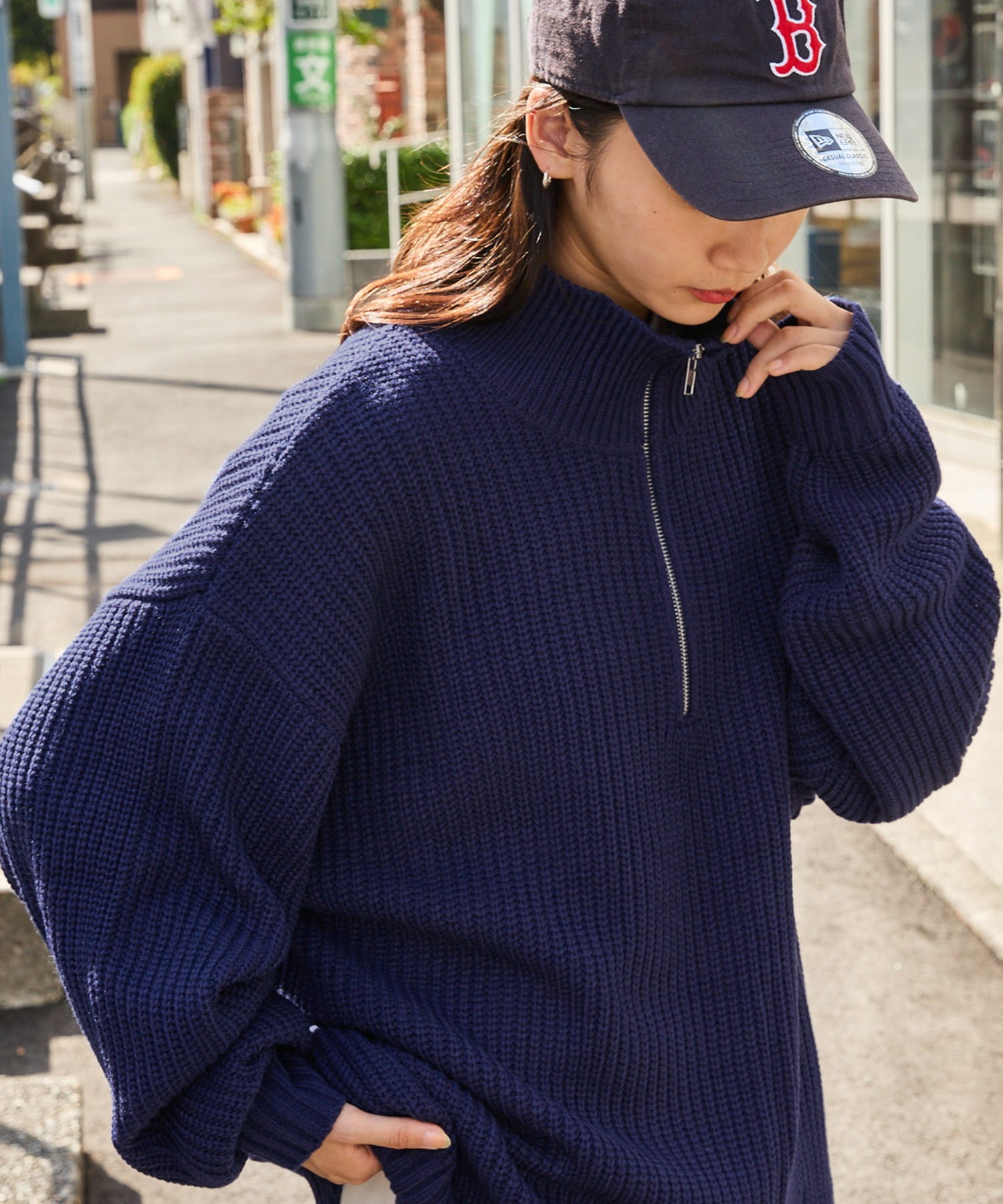 ハーフジップ 畦編み ビッグシルエットプルオーバーニット MONO-MART