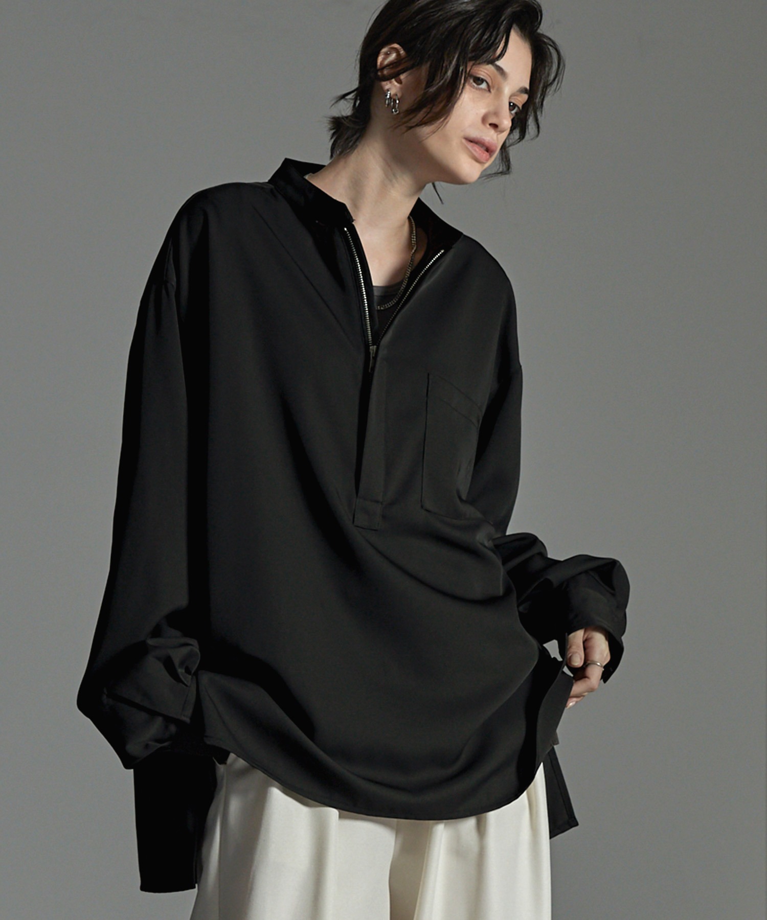 CIYOT-シヨウト-】ドレープハーフジップオーバーサイズバンドカラー