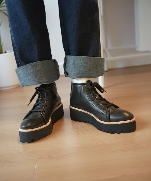 本革/厚底/6cm】キャタピラーソールレースアップブーツ ALL BLACK