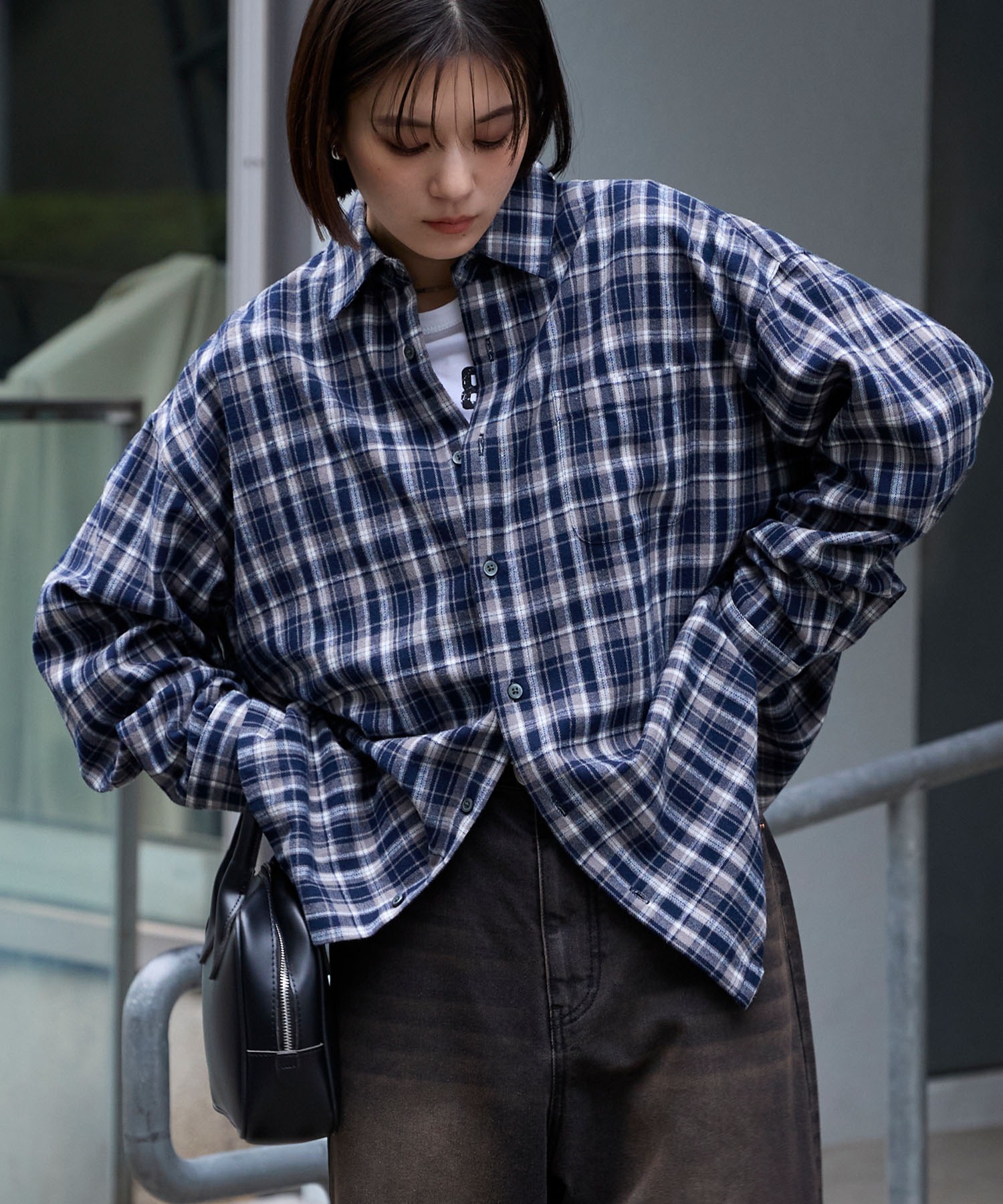 オンブレチェック オーバーサイズボックスレギュラーカラーネルシャツ