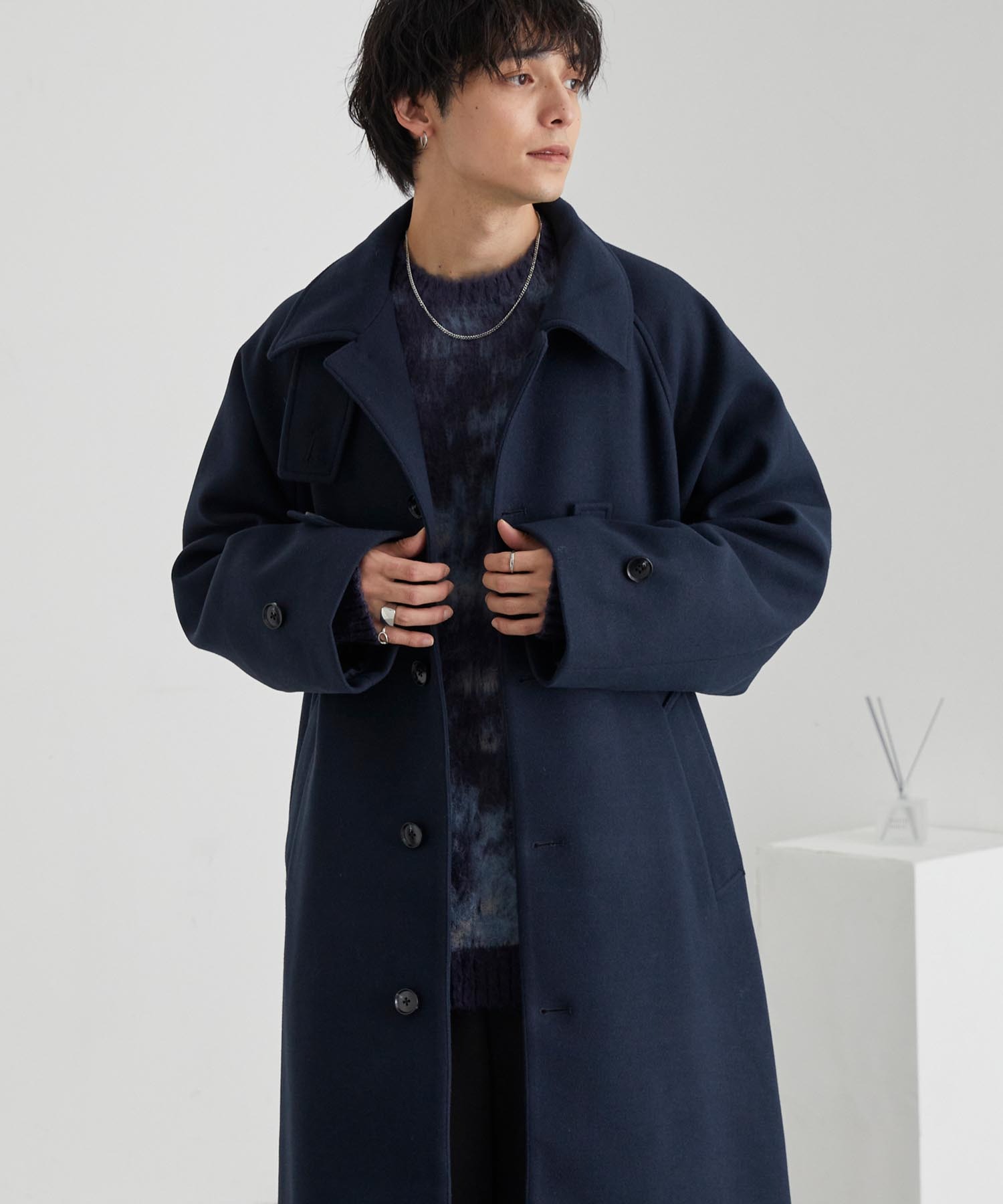 CLASS 未使用 ネイビー ロングコート オーバーサイズコート アンチピリング>2WAYオーバーサイズソフトメルトンラグランロング
