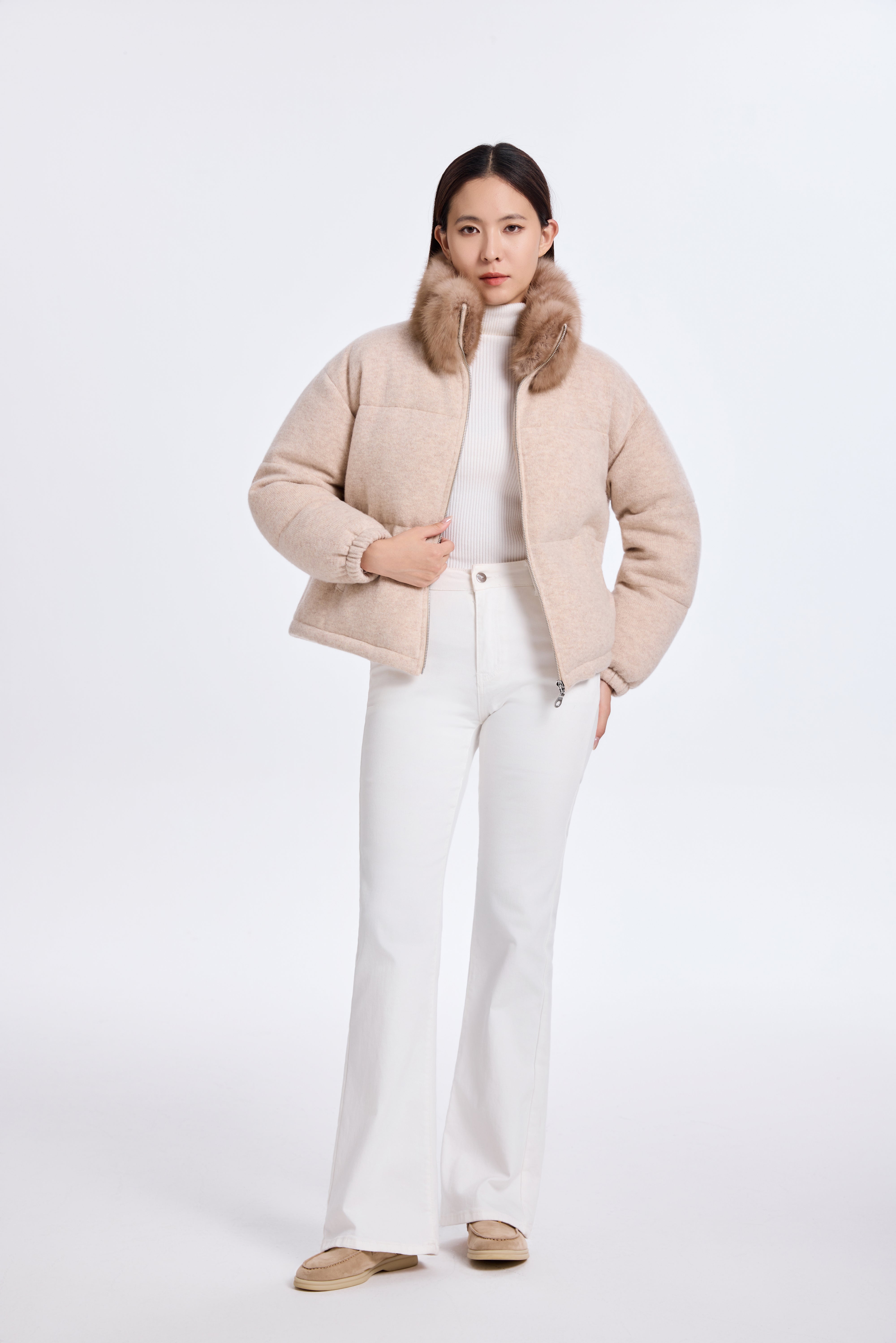 LIGHT BEIGE CASHMERE KNIT PADDED JACKET WITH SABLE COLLAR – OHLALA