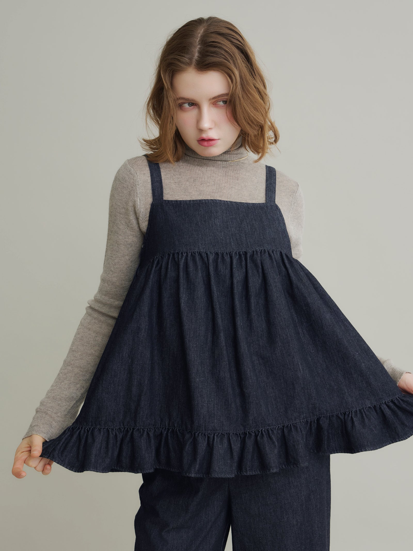 ギャザーフレアバックリボンデニムトップス[セットアップ可能]