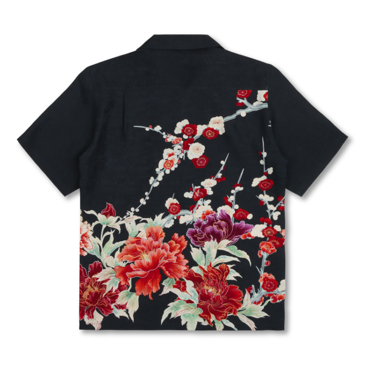 花柄 京友禅アロハシャツ ＜富貴花/黒橙＞ | 京友禅アロハシャツ