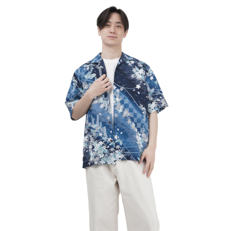 和柄 ドライアロハシャツ ＜桜ぼかし/紺＞ | 京友禅アロハシャツ