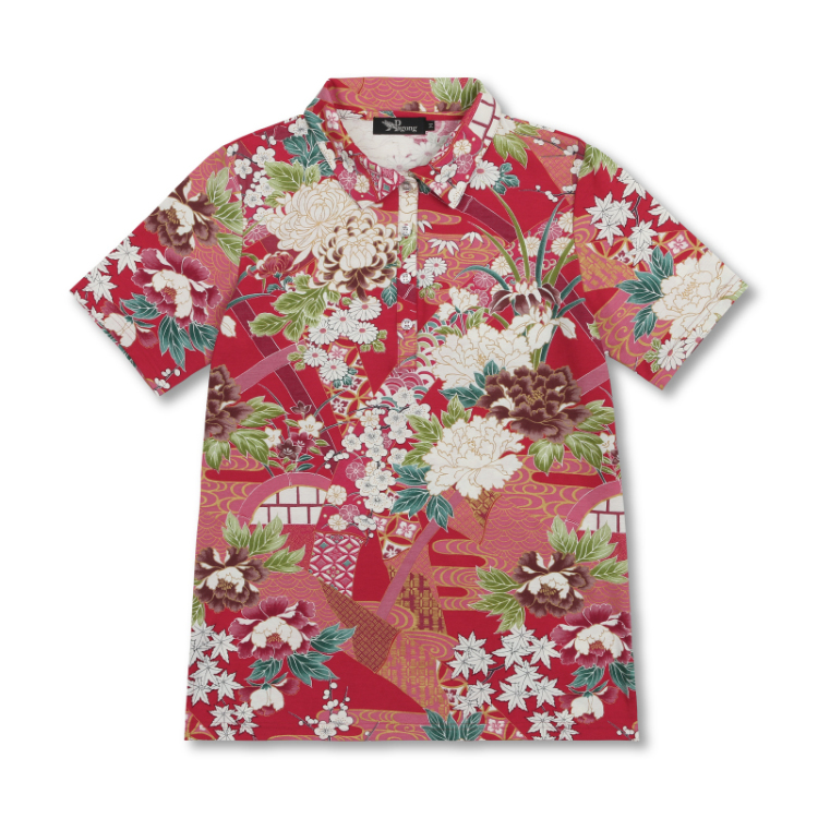 花柄 ポロシャツ ＜竹に花尽くし/赤茶＞ | 京友禅アロハシャツ【Pagong