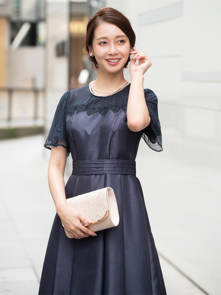 グロッシーフレアスカートレースドレス(ネイビー)CR1-367NA-M