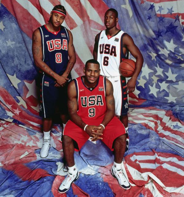 Carmelo Anthony, LeBron James and Dwyane Wade pose at a photo
