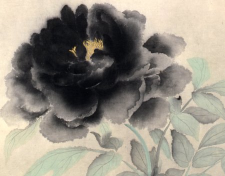 速水御舟《牡丹花(墨牡丹)》(山種美術館)。淡い白と薄墨で葉を、墨の