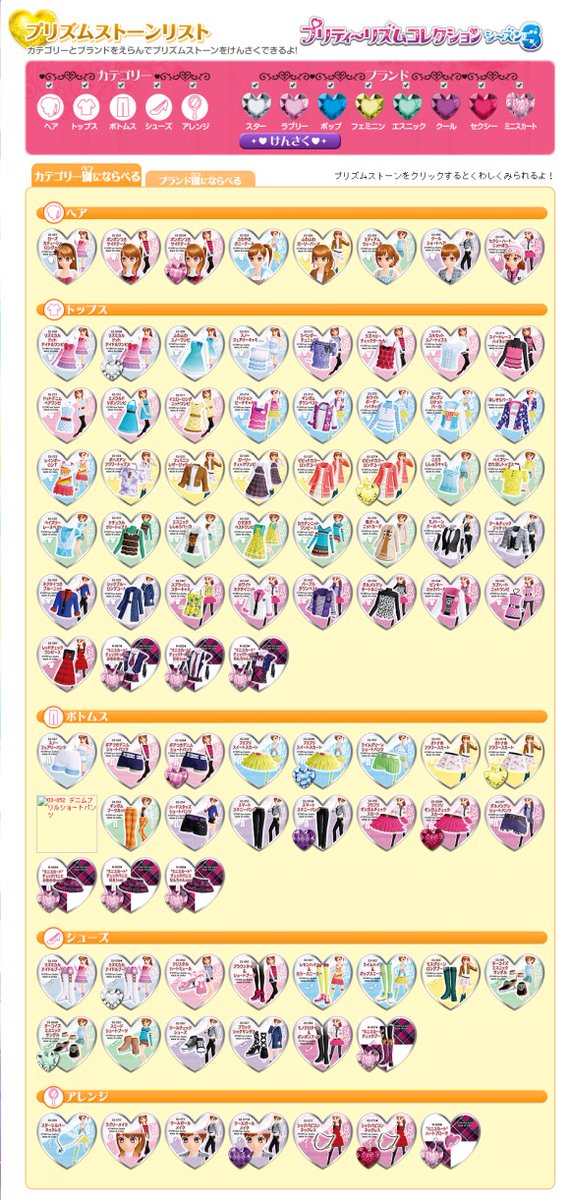 ACプリティーリズム公式から削除されたプリズムストーンリスト