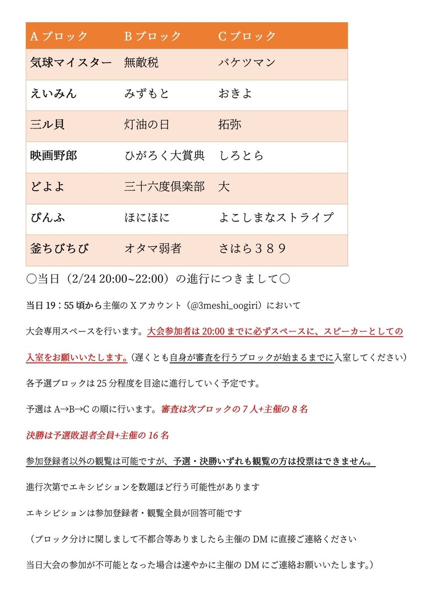 2/24 20:00～22:00 大喜利双剣杯 参加者各位】 ブロック分け及び当日の