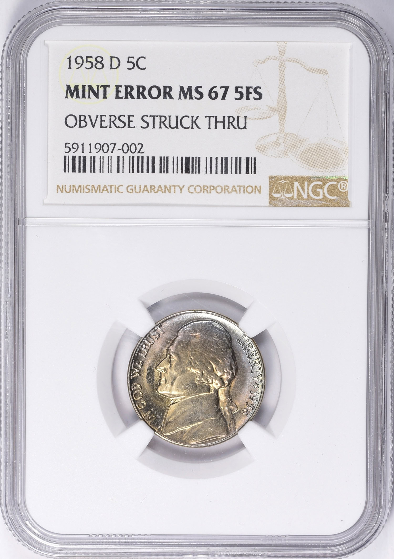 Mint Error 1958-D Jefferson Nickel Obverse Struck Through NGC MS