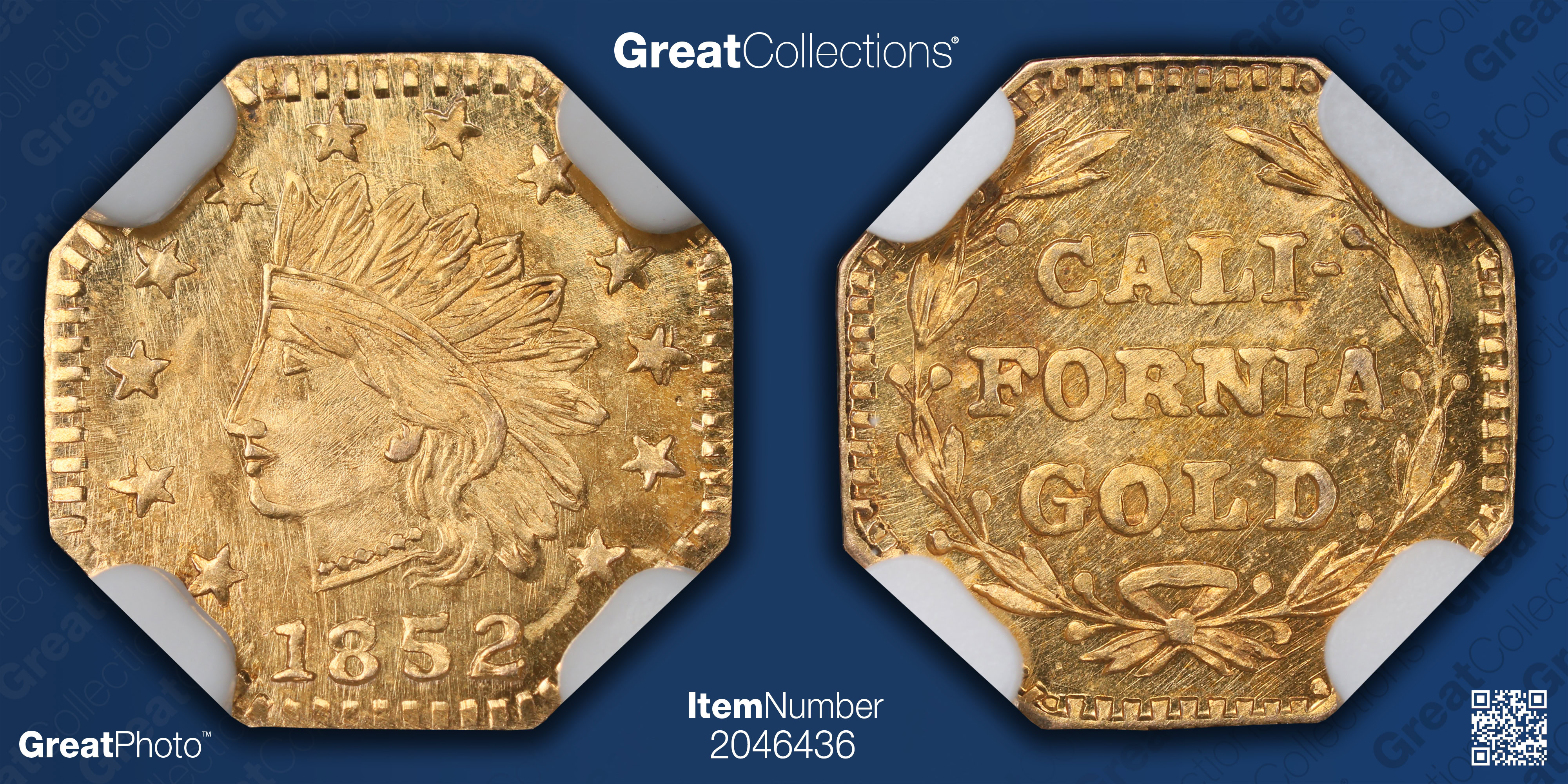 1852-Dated California Gold Token Octagonal Indian #2 - Wreath #8