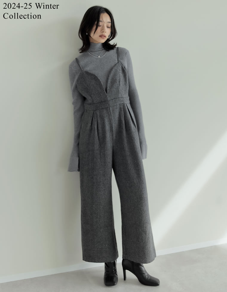 ヘリンボーンツイードハートカッティングキャミオールインワン