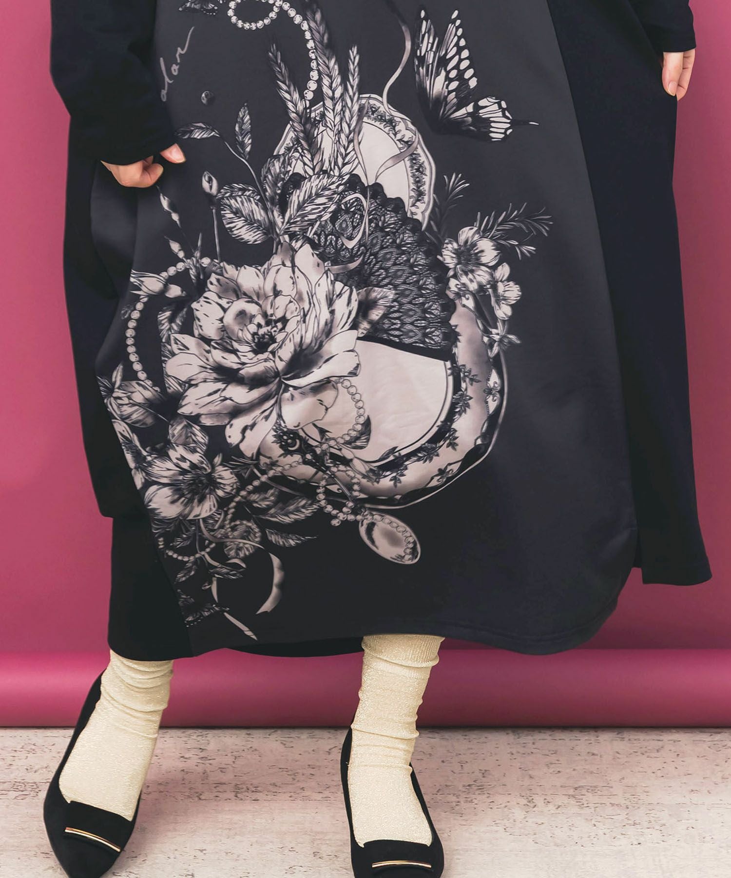 553268：花柄×無地バイカラー裏毛ワンピースの通販-ScoLar