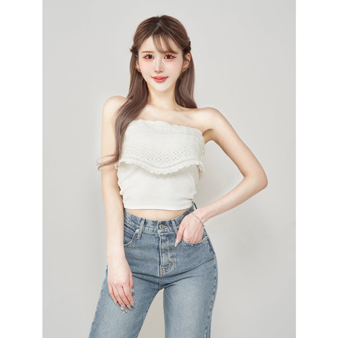 ダーリッチ Darich コットンレースドッキングベアトップス （ホワイト