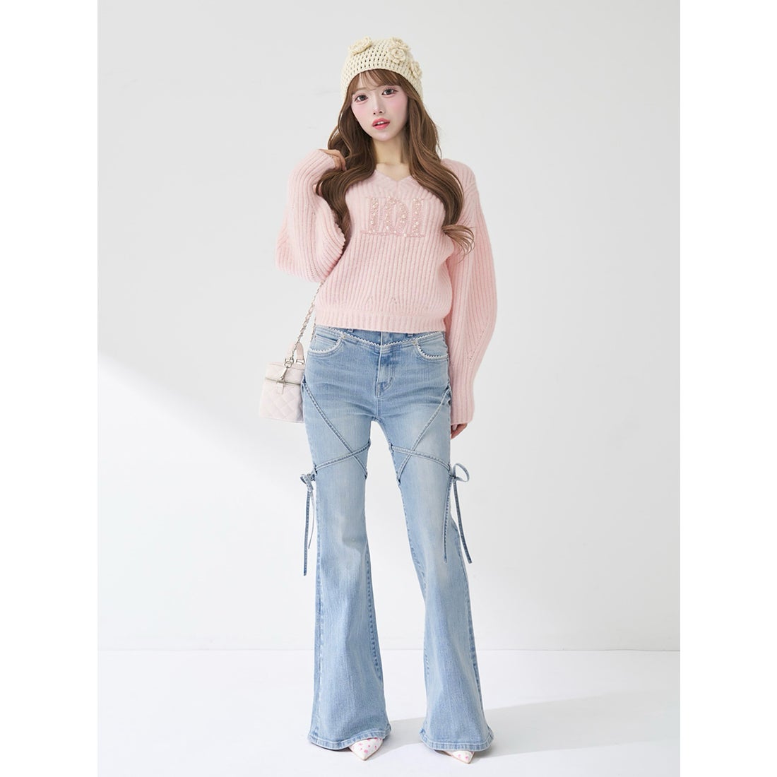 ダーリッチ Darich ピコレースハイウエストフレアデニム （アイス