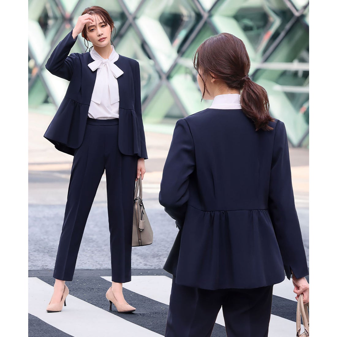 フロリア Flolia 【3点セット】ペプラムノーカラージャケット ボウタイ