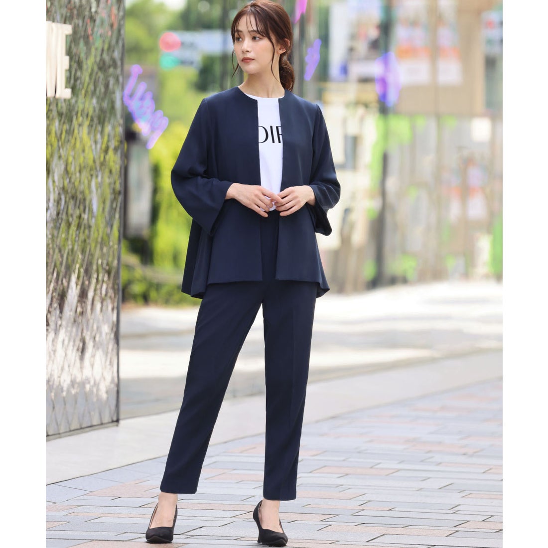 フロリア Flolia 洗える スーツ セットアップ パンツスーツ ノーカラー