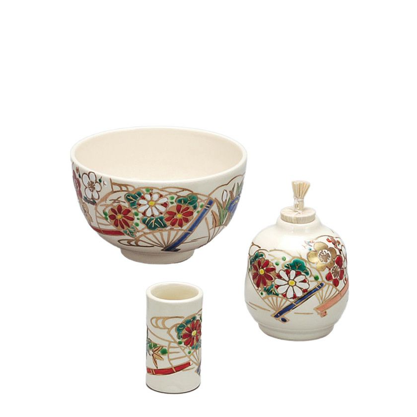 茶道具 三点セット（茶碗・振出・茶巾筒） 仁清 扇面 香泉 陶器三点揃