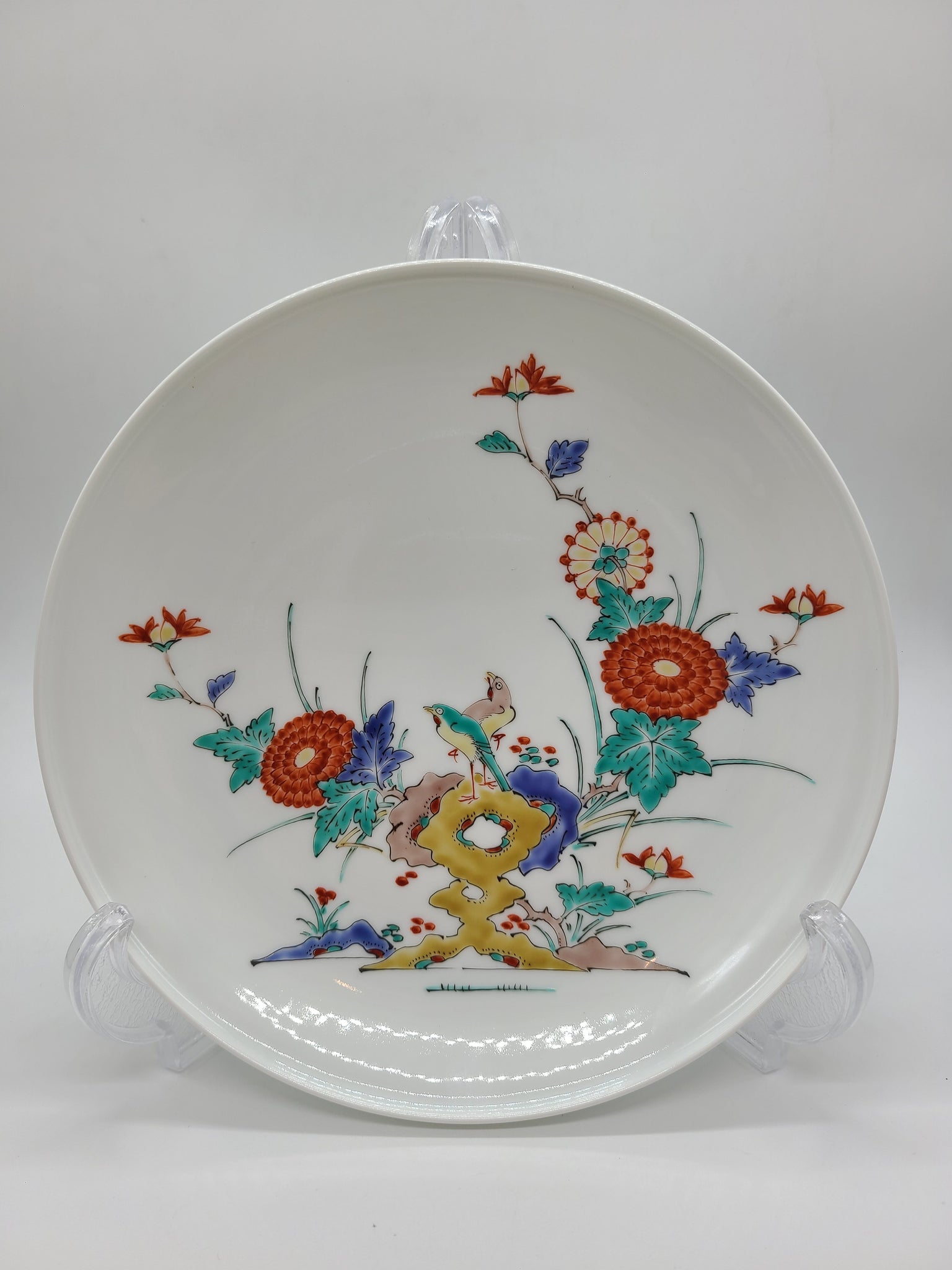 有田焼 今右衛門 色鍋島 手描き 高台付き 銘々皿 皿 花型 牡丹 青海波