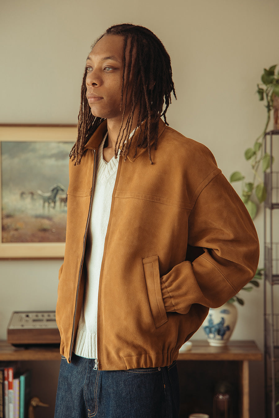 Auralee Lamb Suede Zip Blouson | Camel | Canoe Club