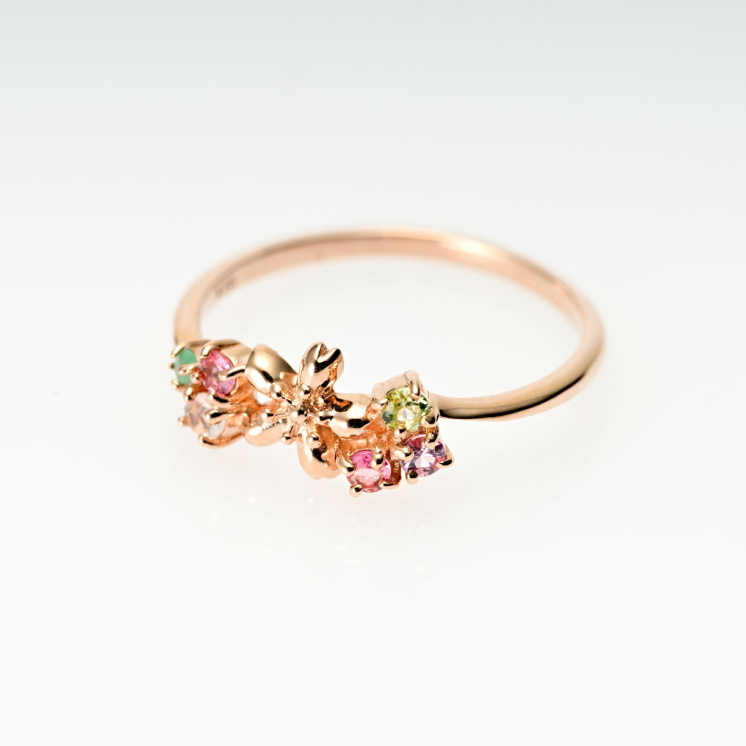 リング K10ピンクゴールド エメラルド ローズクォーツ ピンク