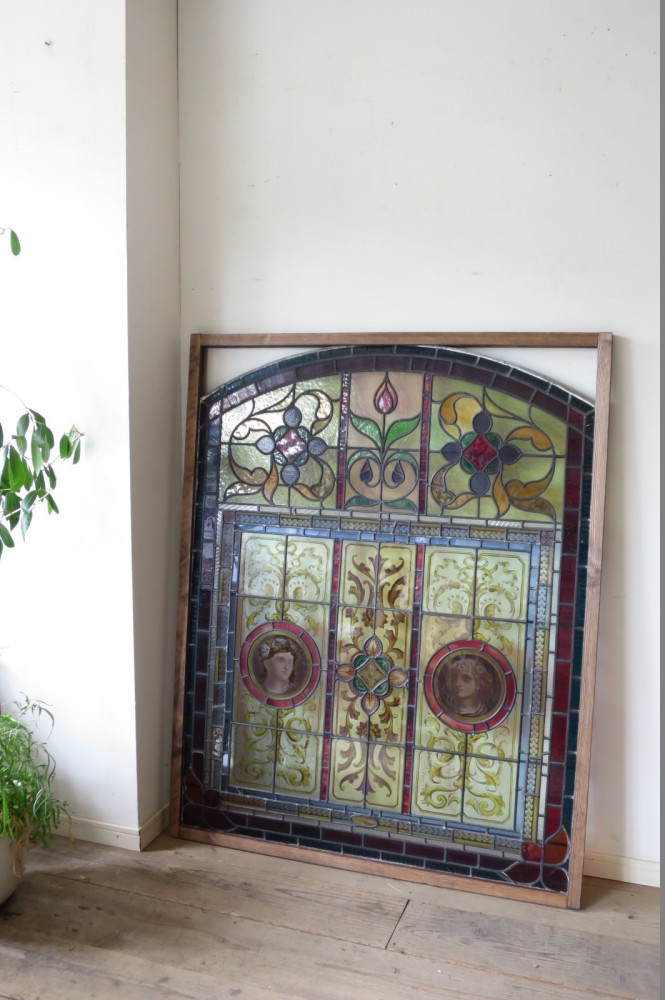 イギリスアンティーク ステンドグラス 大型 エナメル彩 天使