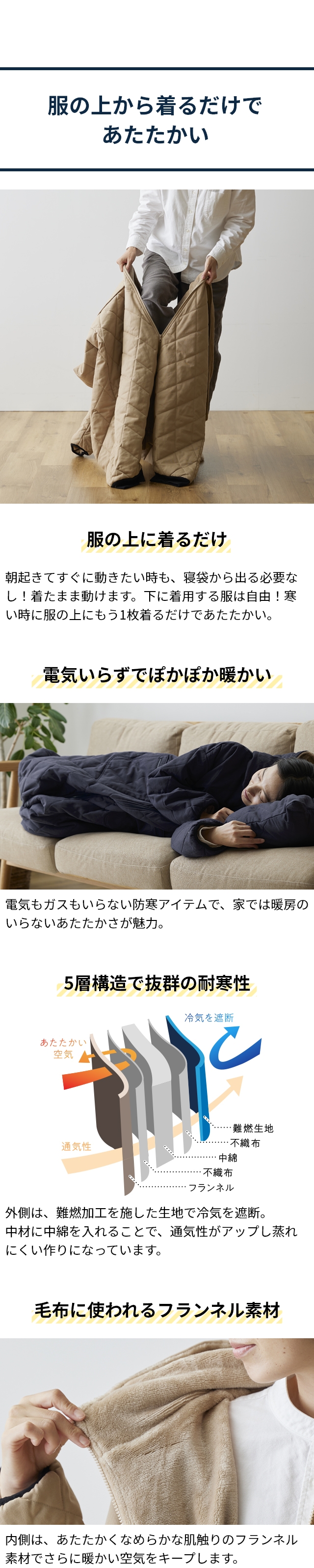 ユクスス 難燃ネル防炎仕様 アウトドア着る寝袋 人型寝袋 着るシュラフ