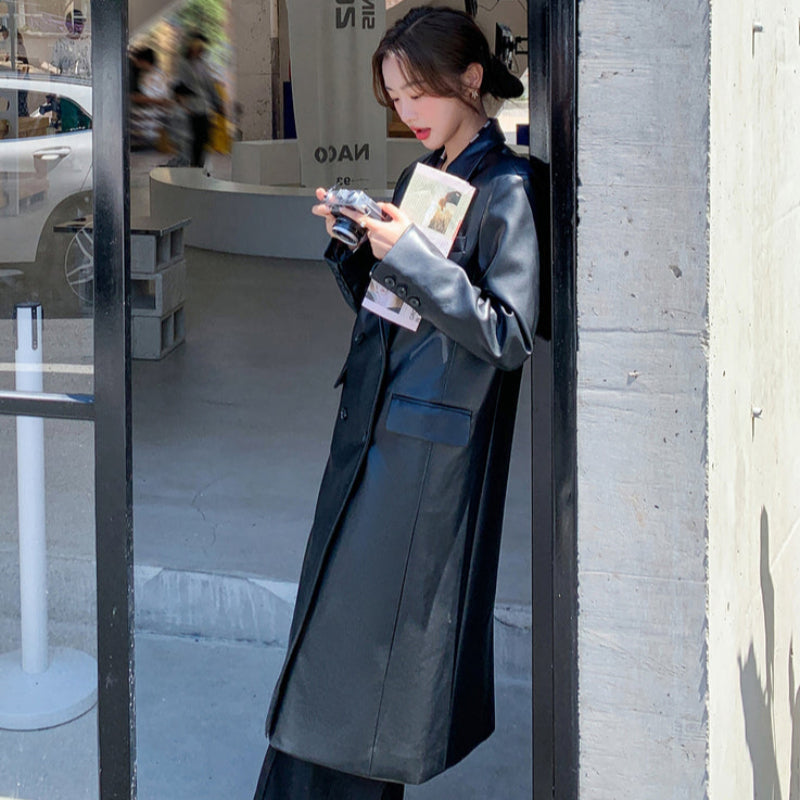 ダブルブレストPUレザーコート (黒) 秋/冬 クールな大人のアウター