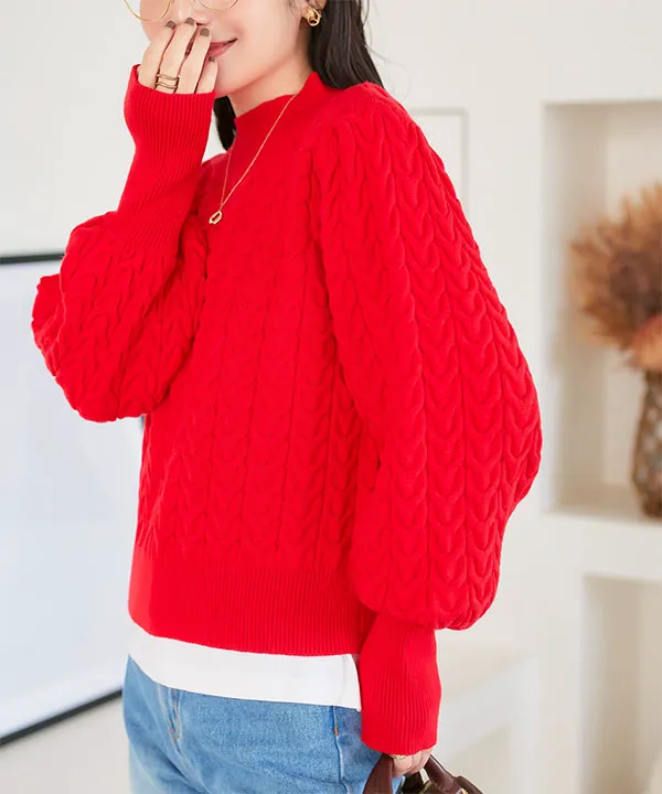 モックネックケーブルニットトップス [N1116] - レディース