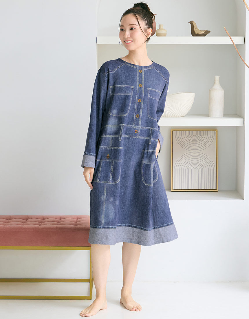 ツモリチサトスリープ 【綿100％】デニム風プリント ワンピース