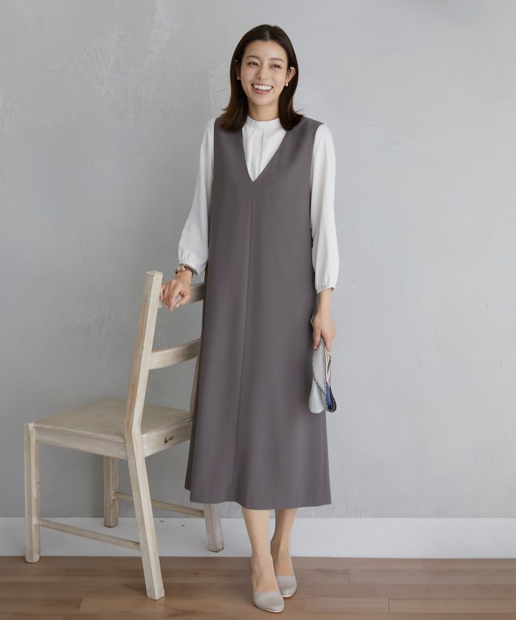 洗える】Vネックワンピース【ストレッチ／セットアップ着用可