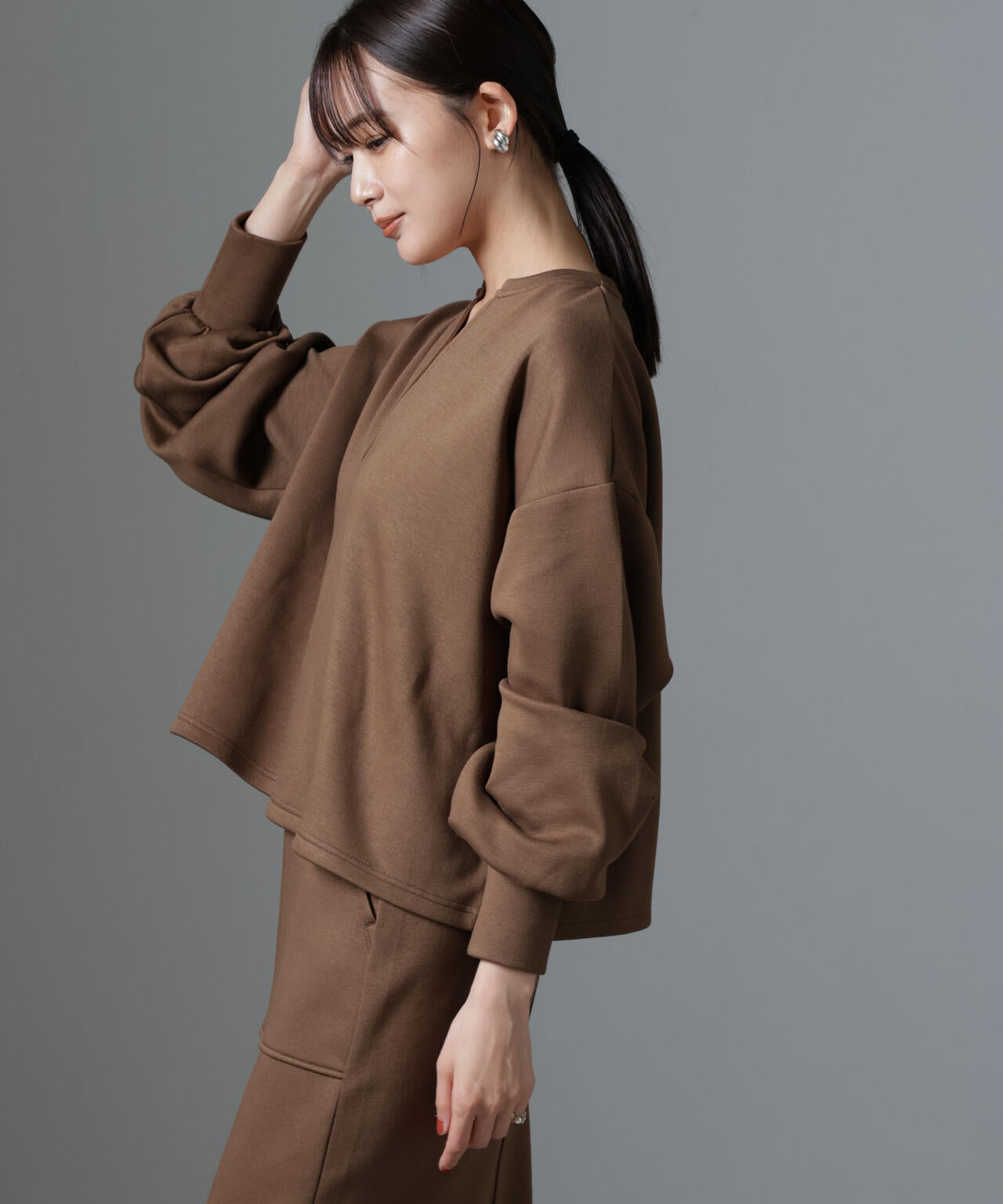 裏起毛 ダンボールカット キーネック トップス（ セットアップ 可）