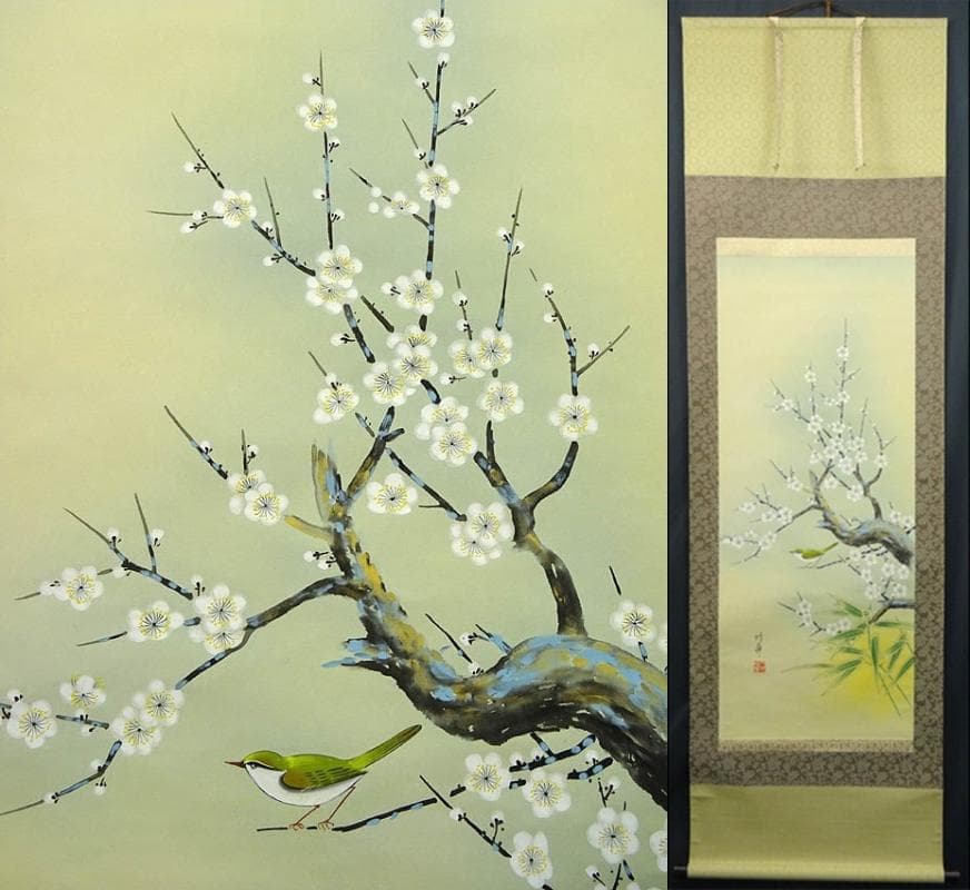 掛軸 八代玲華『白梅図』花鳥図 絹本 肉筆 共箱付 掛け軸 a040916 花鳥画 八代玲華／筆 「梅と鴬」 F6号 日本画(複製) 手彩 額入り 普段