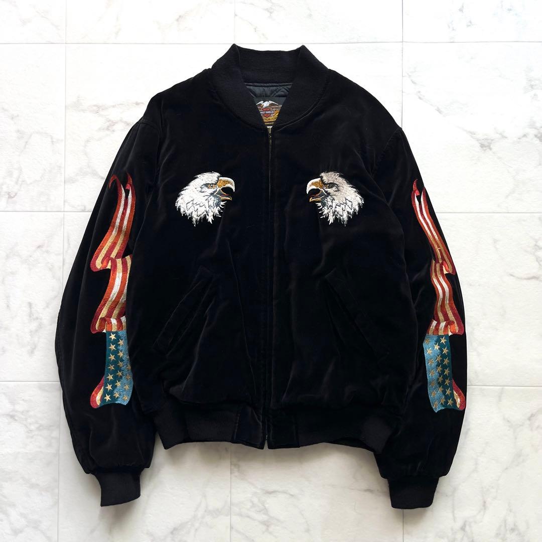 名作 ハーレーダビッドソン 別珍 ベロアスカジャン 刺繍 イーグル 国旗