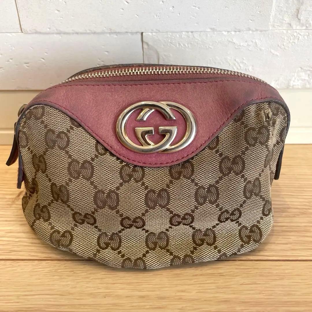 GUCCI GGキャンバスポーチ ベージュ ピンク - メルカリ