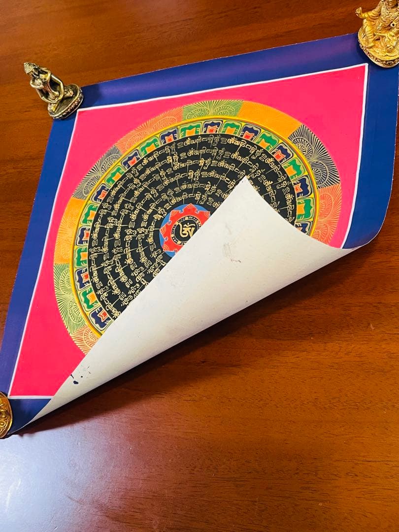 【手描き一点物】チベット密教 曼荼羅タンカ 六字真言入り／開運・護符・浄化p