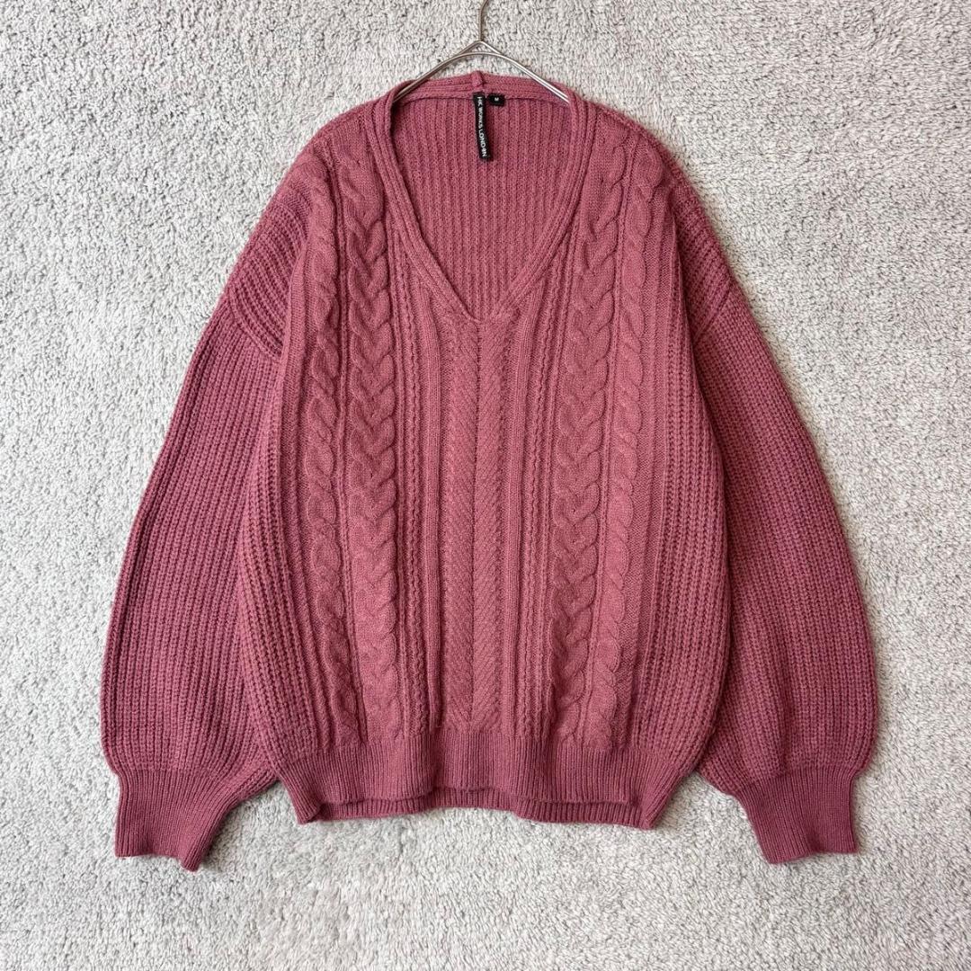 ケーブル編み Vネック セーター 長袖 ピンク - メルカリ
