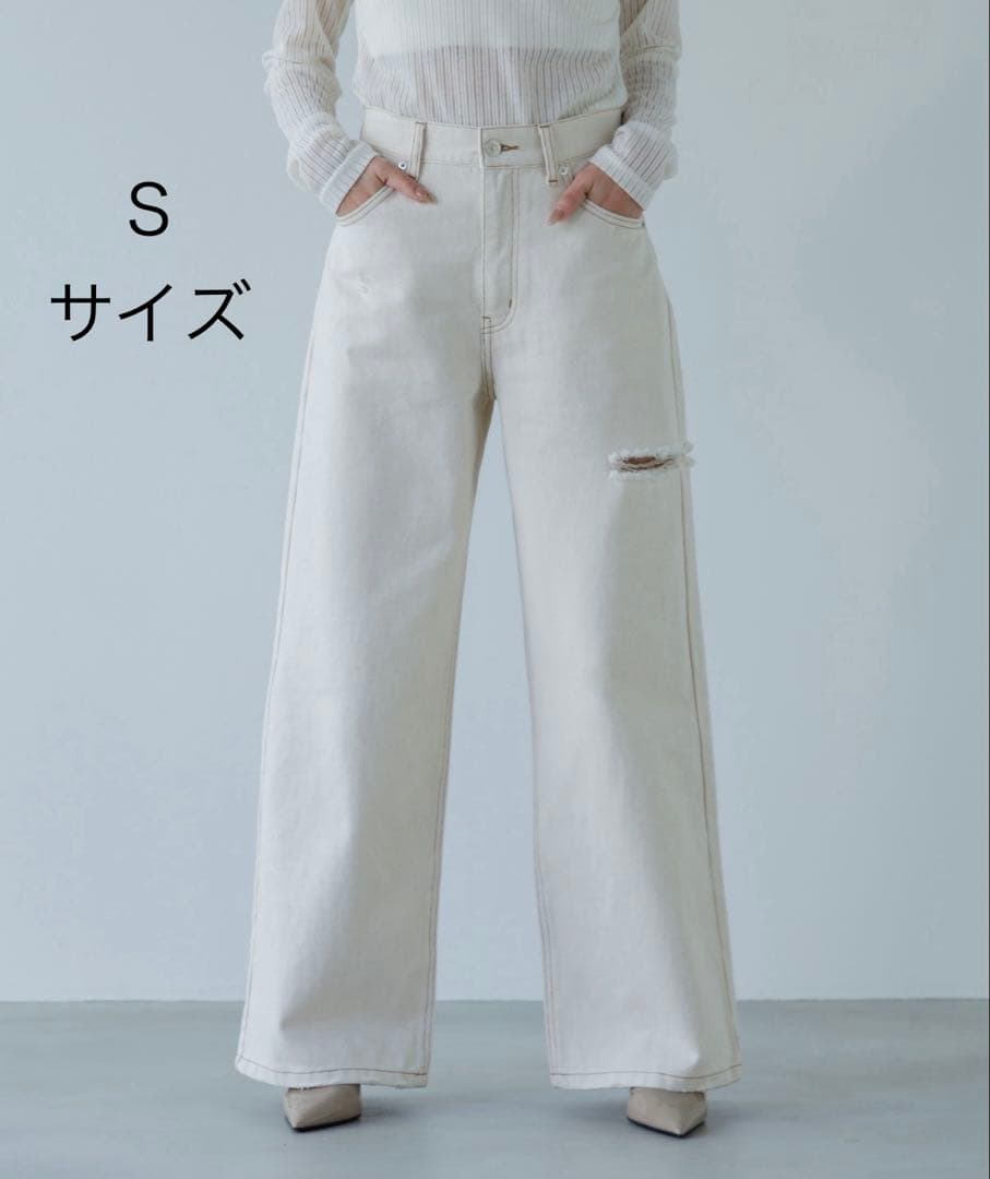 SENEE ホワイト ワイドレッグデニム Sサイズ 楽天市場】新色・即納【股下73.5センチ】☆ハイウエスト細見え・脚長