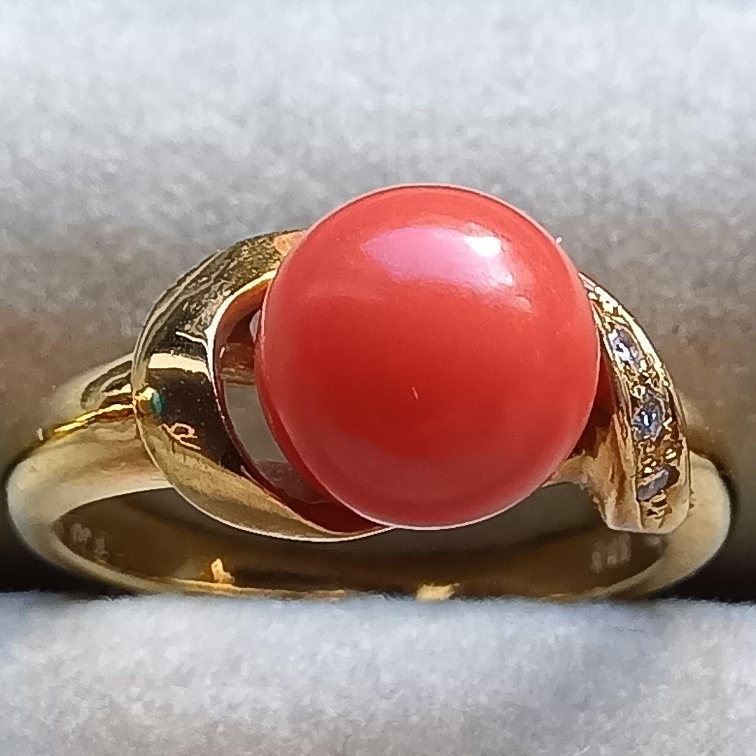 赤サンゴ珊瑚径８ミリ付　リングK１８　内径約１６mm重量合計４.６g 宝石サンゴ】赤サンゴの花型リング K18 | アクセサリー 指輪