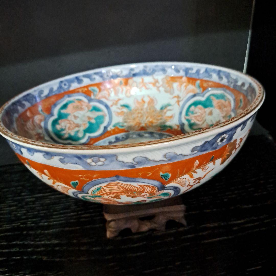 江戸中期　赤絵金彩　染錦　７寸中鉢　富貴長春　花窓 獅子図 江戸中期 赤絵金彩 染錦 7寸中鉢 富貴長春 花窓 獅子図