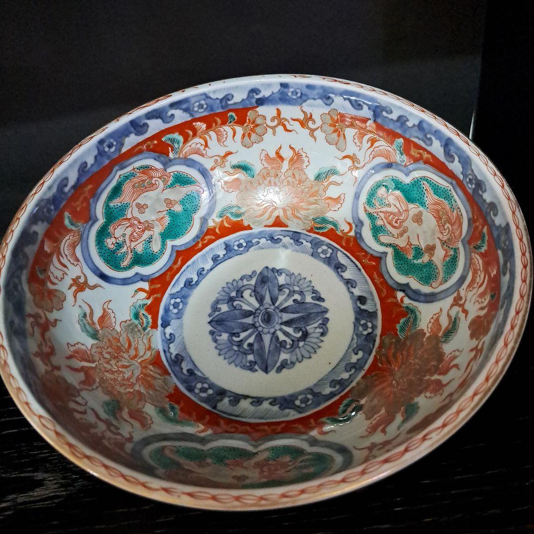 江戸中期 赤絵金彩 染錦 7寸中鉢 富貴長春 花窓 獅子図