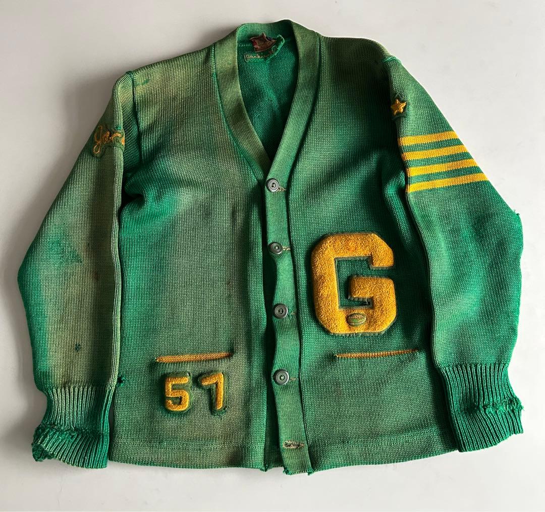 50s レタードカーディガン　肉厚　グリーン×イエロー　ワッペン　フェード 50s レタードカーディガン 肉厚 グリーン×イエロー ワッペン フェード