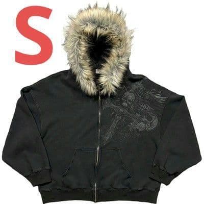ファー付きブラックパーカー y2k ファー ジャケット グランジ ドクロ